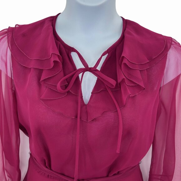 VINTAGE MISS ELLIETTE MAGENTA WINE SHEER LONG SLEEVE RUFFLE DRESS MCM FORMAL - 1 - Picture 2 of 9
